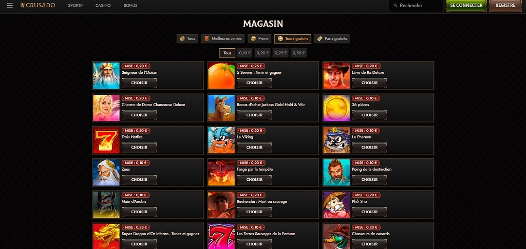 Boutique de bonus du casino Crusado