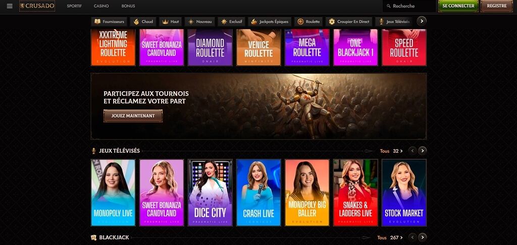 Interface du casino Crusado