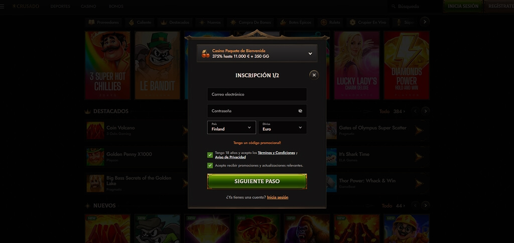 Registro en Crusado Casino